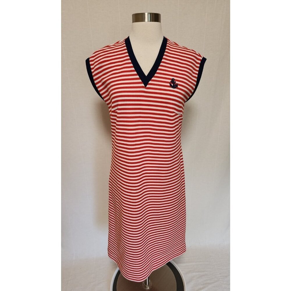 Womens 80s 70s Vintage Nautical Sailor Dress‎ Red White Stripes